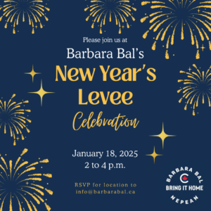 Barbara Bal's New Year Levee, January 18 at 2pm. Please RSVP for location details